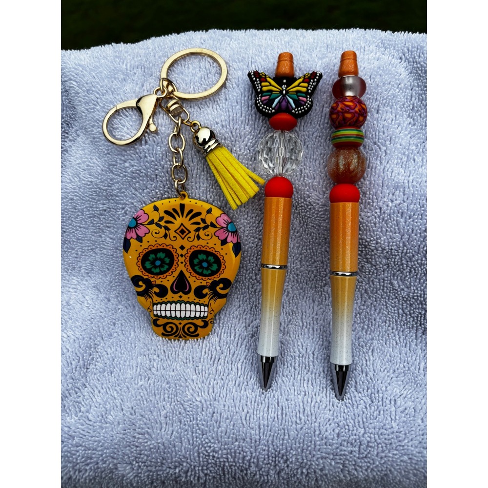 Sugar Skull Keychain and Beaded Pen Set Orange Butterfly Day of the Dead 3pc